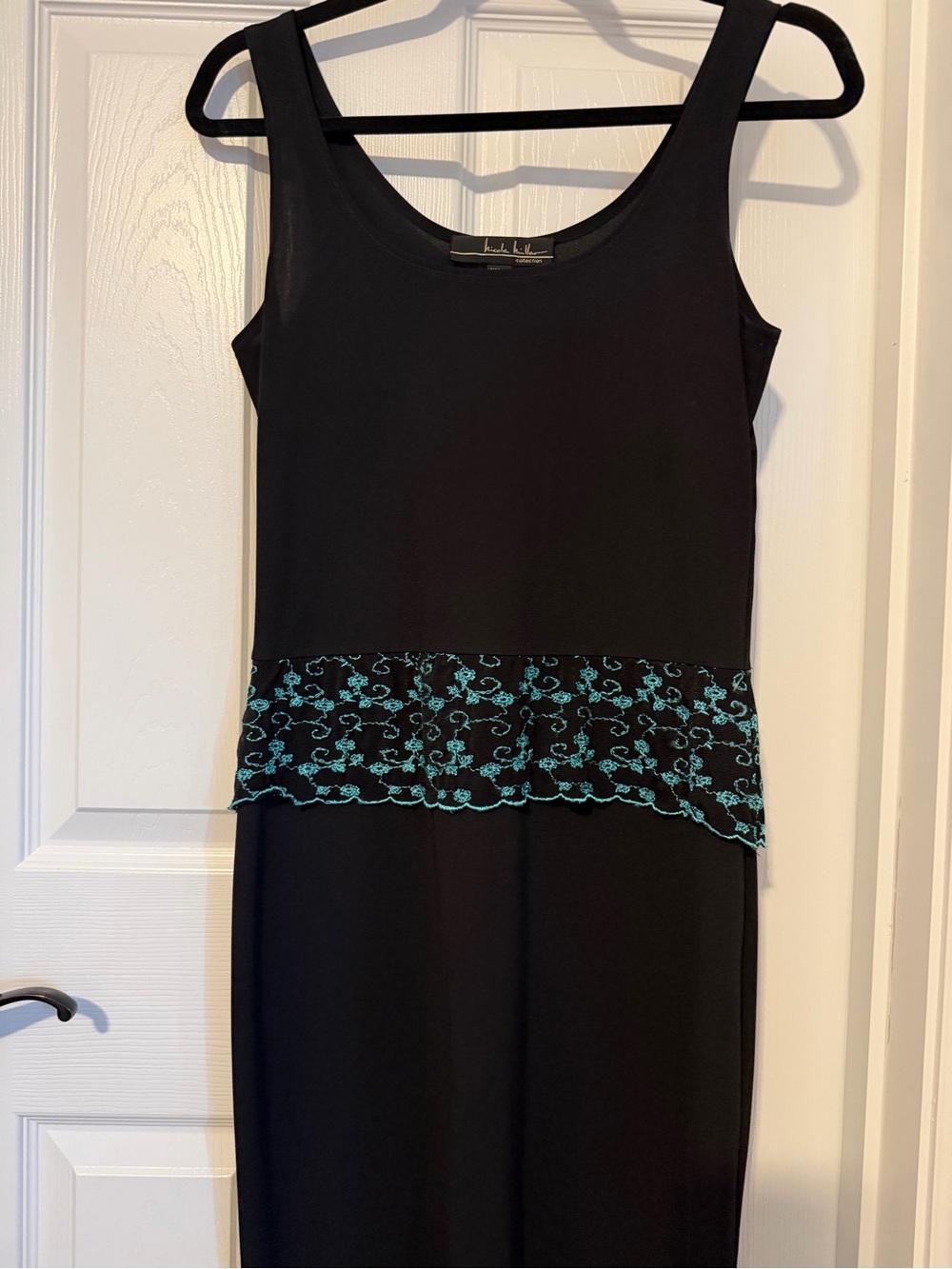 Classic Nicole Miller:Black Tank Dress with Teal Lace Trim - Women